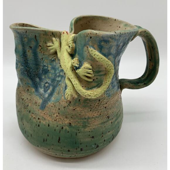 Art Pottery Pitcher Vase Blue And Green With Gecko Climbing 5” Tall - Picture 2 of 9